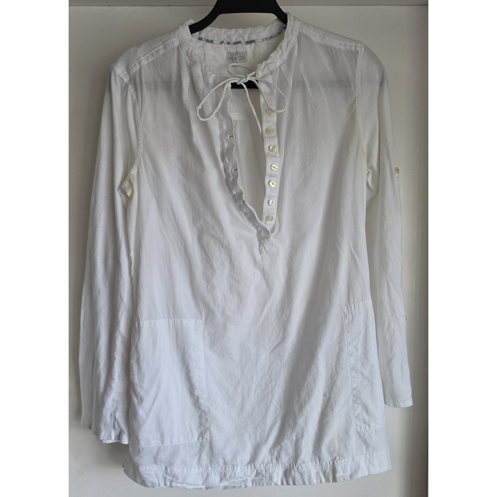 Converse One Star Women's Henley Top Size M White Cotton Long Sleeve Shirt